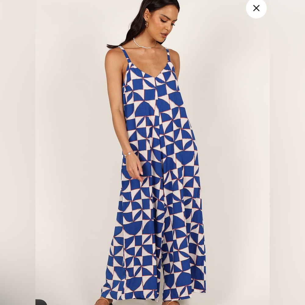 Petal & Pup Blue/White/Orange Geometric Romper